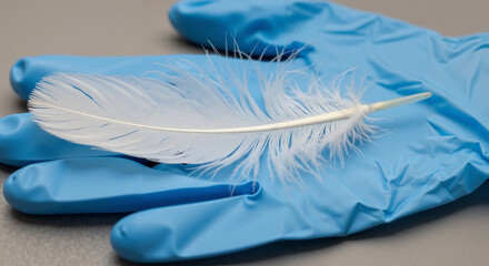 Feather resting on blue rubber glove on grey background  