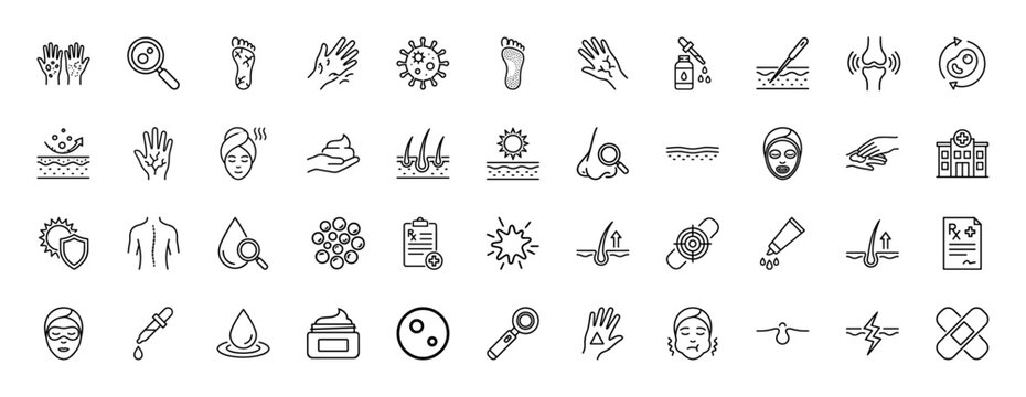 Dermatology and skin health line icon set. Vector pictograms of skin conditions, medical procedures, beauty treatments, and cellular care, thin linear illustration.