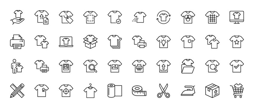 Apparel design, print & production vector icons. Features t-shirts, design tools, manufacturing, and retail, thin line illustration.