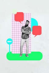 Trendy pop zine image photo art collage of happy girl guy write answer bubble communication speech icon chatterbox dialogue message