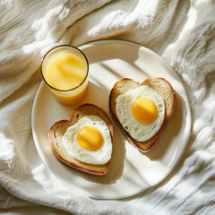 Heart shaped egg toast with orange juice on cozy white blanket