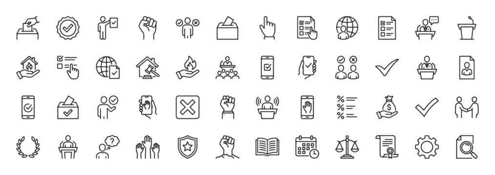 Democracy, election, and law line icon set. Vector pictograms of voting, ballot box, scales of justice, gavel, raised fist, documents, and public speaker, thin linear illustration.