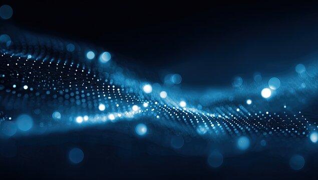 Abstract blue wave of glowing points in a flowing network, bokeh lights