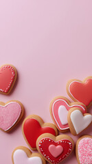 Heart shaped Valentine cookies on pink background