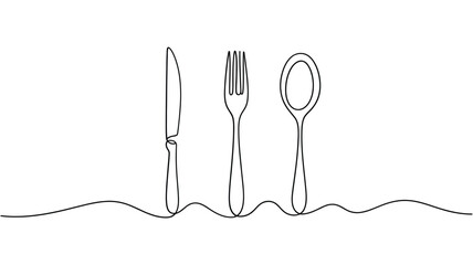 Simple line art of a knife fork and spoon on a wavy line