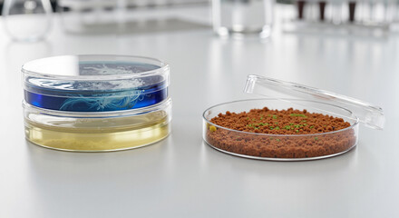 Petri dishes with samples on laboratory table beside sealed counterparts  