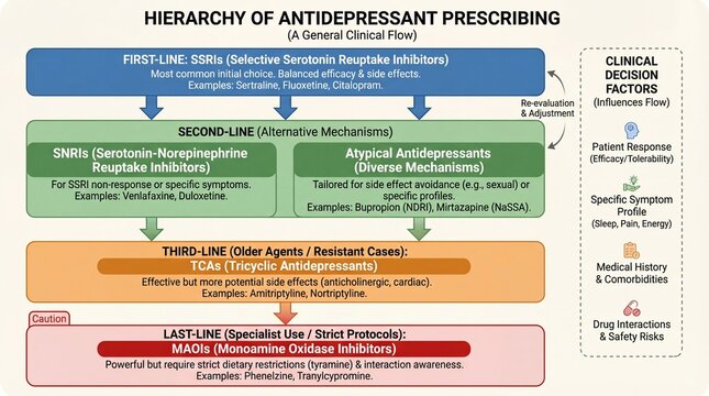 Clinical Flowchart: Hierarchy of Antidepressant Prescribing Guidelines and Decision Factors for Mental Health Treatment Strategies