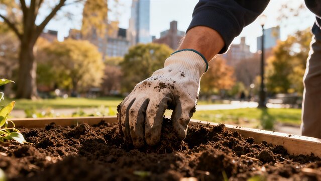 A gloved hand works with rich, dark soil in a raised garden bed in a sunny city park with urban buildings in the background.