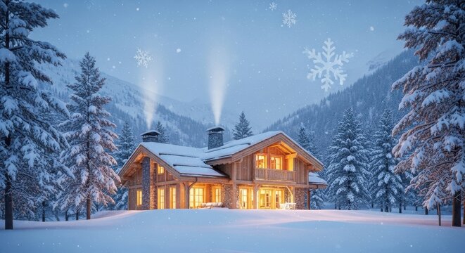 Cozy wooden winter cabin with smoking chimneys in a snowy forest with falling snowflakes - Powered by Adobe