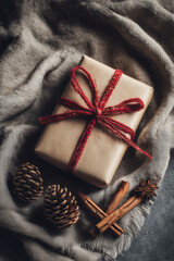 Christmas gift with red ribbon on cozy blanket with pinecones