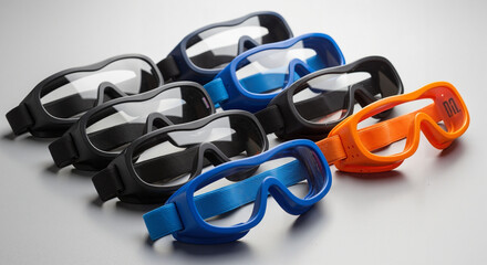 Protective goggles set arranged neatly with elastic straps on grey background  