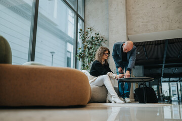 Two professionals collaborate in a contemporary hotel lobby, reviewing documents at a small round table.