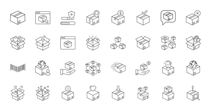 E-commerce and delivery line icon set. Vector pictograms of boxes, packages, global shipping, security, shopping, tracking, money, and time, thin linear illustration.