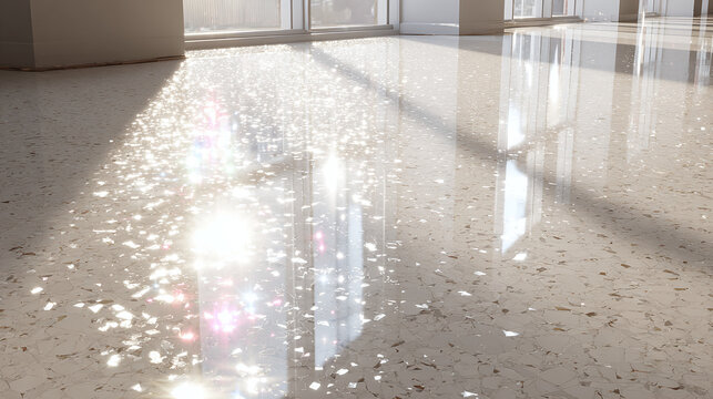 A close-up view of a sunlit polished marble floor, sparkling with light reflection, in a modern building. The floor surface glistens, highlighting the clean, minimalist aesthetic of the space