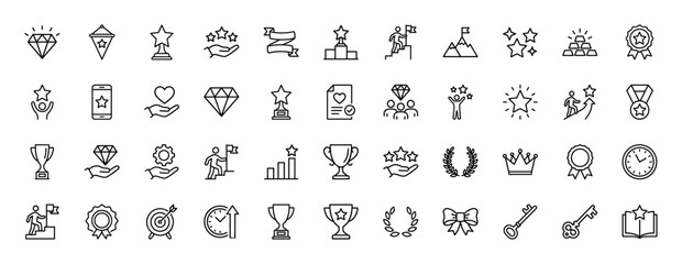 Achievement and success line icon set. Vector pictograms of podiums, trophies, medals, stars, diamond, crown, gold bars, and goals, thin linear illustration.
