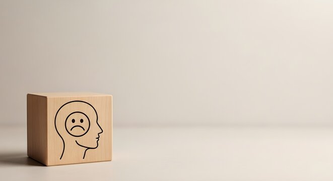 Wooden block with face wearing mask health safety and protection concept