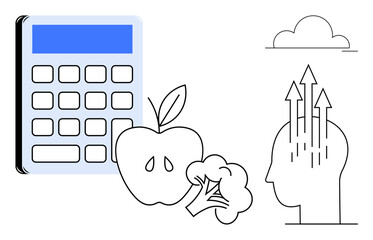 Productivity concept. a calculator, apple, broccoli, and a human with arrows signifying mental growth, emphasizing productivity and health. For education, wellness, business strategy personal