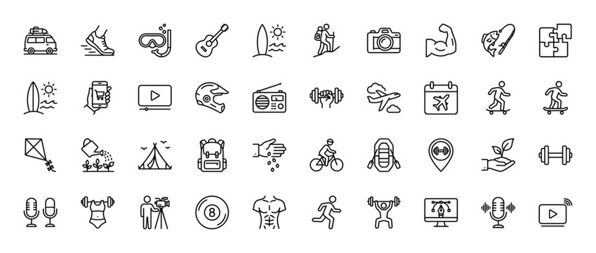 Leisure and hobby line icon set. Vector pictograms of camper van, hiker, surfboard, camera, skateboarder, bicycle, dumbbell, microphone, puzzle, and guitar, thin linear illustration.