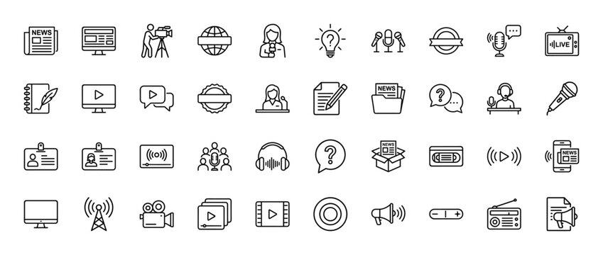 Media and communication line icon set. Vector pictograms of globe, camera, microphones, newspaper, television, reporter, video, radio, thin linear illustration.