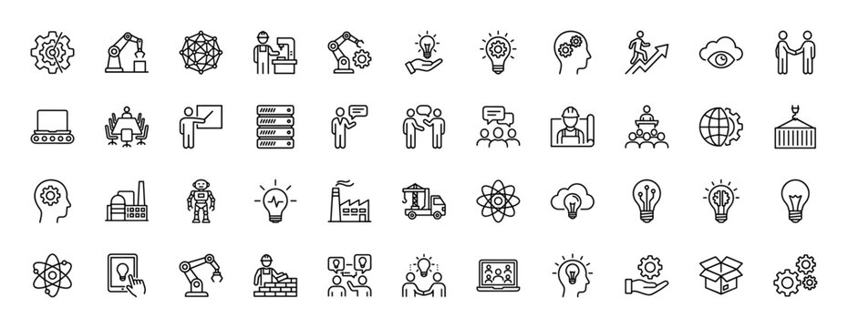 Industrial innovation and business process line icon set. Vector pictograms of robotic arm, gears, lightbulbs, meetings, growth, factory, server, brain, thin illustration.