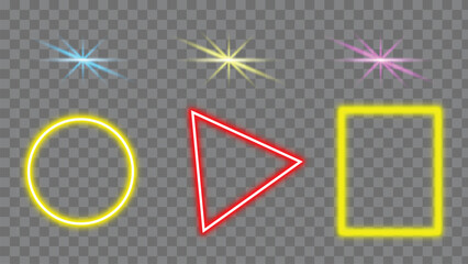 Set of vibrant neon glowing geometric shapes and colorful starburst light effects, perfect for modern design elements.