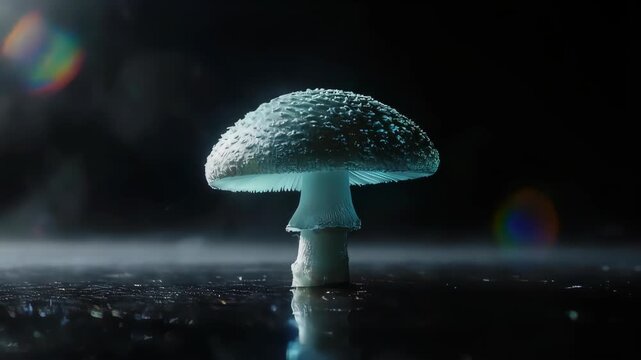 A solitary mushroom with a cap, standing on a reflective surface, in a dramatic shadowy environment