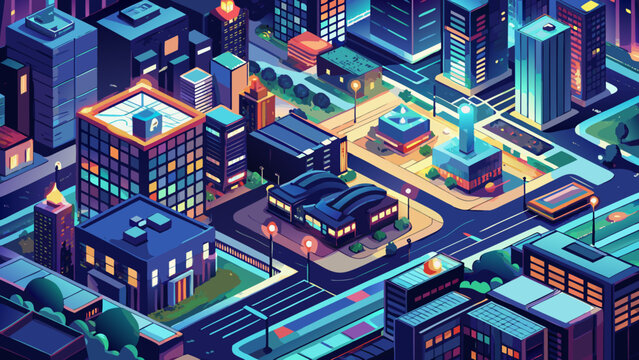 Very beautiful aerial top view of a nighttime downtown district, revealing a glowing grid of streets, illuminated buildings, and organized city infrastructure seen from a bird’s-eye perspective.