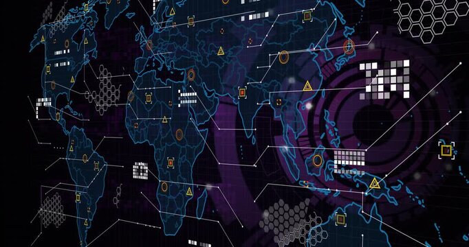 Wireframe world map expanding and populating on startup, highlighting APAC data clusters to monitor - Powered by Adobe