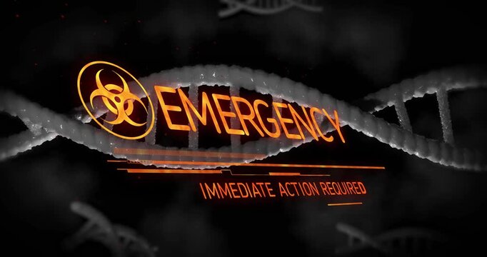 Biohazard emblem appearing, HUD bars animating, helix shifting, EMERGENCY forming to prompt action