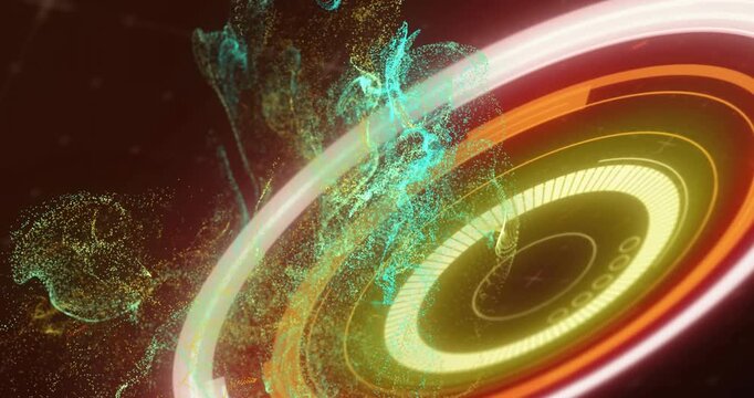 Neon arc moving across frame lighting particle tendrils, rotating rings showing inner disc patterns