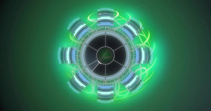 On startup core disc ring spinning sector casting glow mods moving green aura pulsing showing power