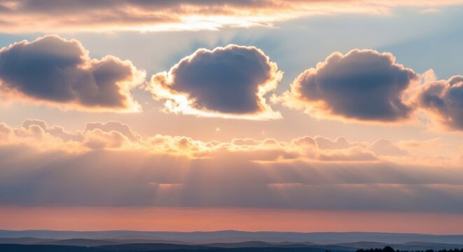 Bright sun rays bursting through dark clouds during a dramatic sunset - Powered by Adobe