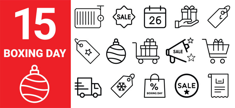 Boxing day sale and shopping icons set for retail promotions. collection of symbols for discount events and winter holiday marketing.