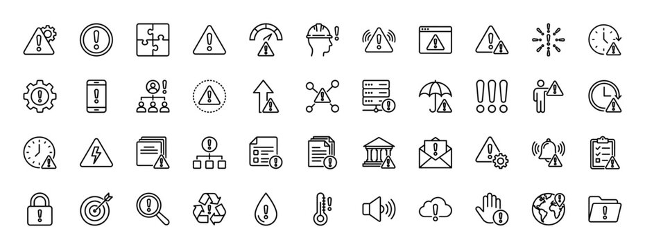Warning and alert line icon set. Vector pictograms of risk, safety, security, time, data, communication, and environmental issues, thin linear illustration.