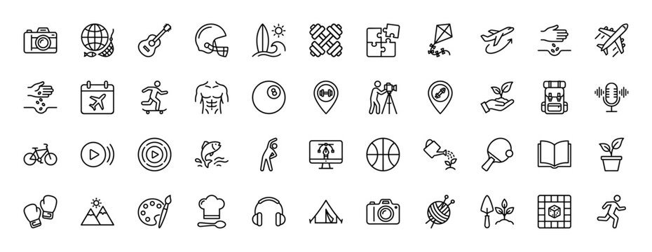 Recreation and leisure activities line icon set. Vector pictograms of sports equipment, travel, creative tools, and outdoor elements, thin linear illustration.