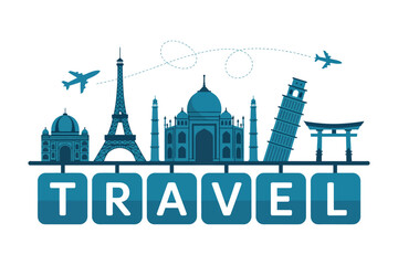 Famous global landmarks and planes are depicted with the word TRAVEL in a graphic illustration.