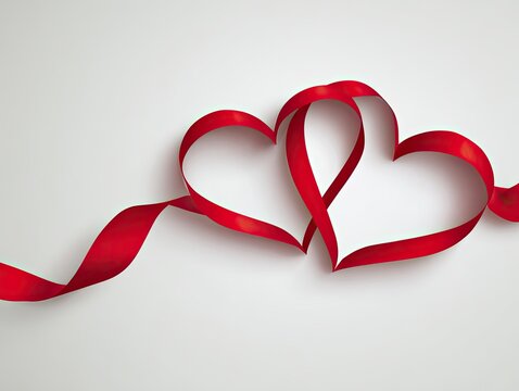 Two red ribbon hearts intertwined on white backdrop, suggesting love and connection