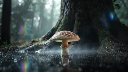 Mushroom in the forest with natural light and tree in background
