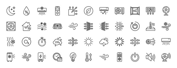 Fototapeta na wymiar HVAC and climate control line icon set. Vector pictograms of air conditioners, fans, filters, temperature, humidity sensors, and smart home elements, thin linear illustration.