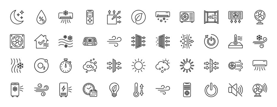 HVAC and climate control line icon set. Vector pictograms of air conditioners, fans, filters, temperature, humidity sensors, and smart home elements, thin linear illustration.