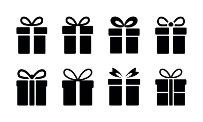 Eight simple black gift box icons with bows are displayed