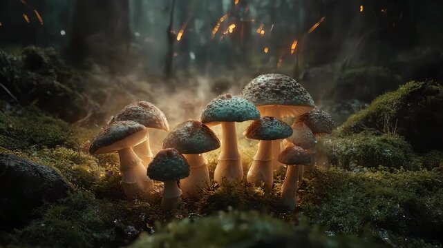Magical mushrooms in the enchanting forest with bokeh effect 