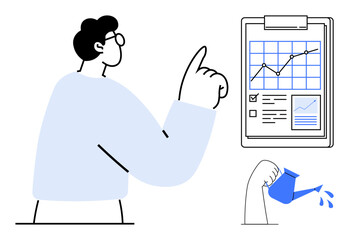 Man observes increasing analytics chart while watering plant. Ideal for growth, analytics, nurturing, data monitoring, development, business strategy, and success. Simple flat metaphor