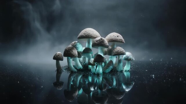 Mysterious mushroom cluster with glowing effect on water surface. Moody and fantastical atmosphere. 