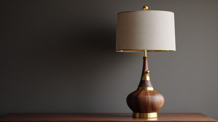 A stylish, elegant lamp with a beige lampshade placed on a wooden table 