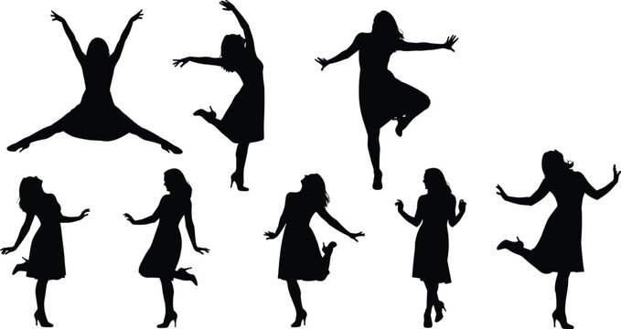 Dance silhouette sequence, female figure in motion, expressive poses, high heels, black on white, dynamic movement, fashion gesture, performance art, elegance icon