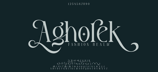 Classic typography elegant. Lettering minimal fashion designs. Alphabet uppercase, ampersand, ligatures. Vector illustration word.