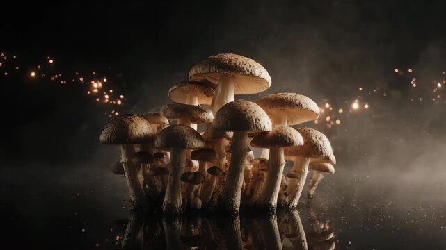 Mystical cluster of mushrooms bathed in soft light against a dark backdrop. Magical ambiance 