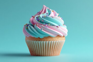 Cupcake with swirl frosting; light pink, blue, and sprinkles, on aqua