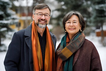 Happy smiling aged couple standing together in snowy landscape, wearing colorful scarves, showcasing warmth and joy in a winter wonderland setting with soft snowflakes falling
